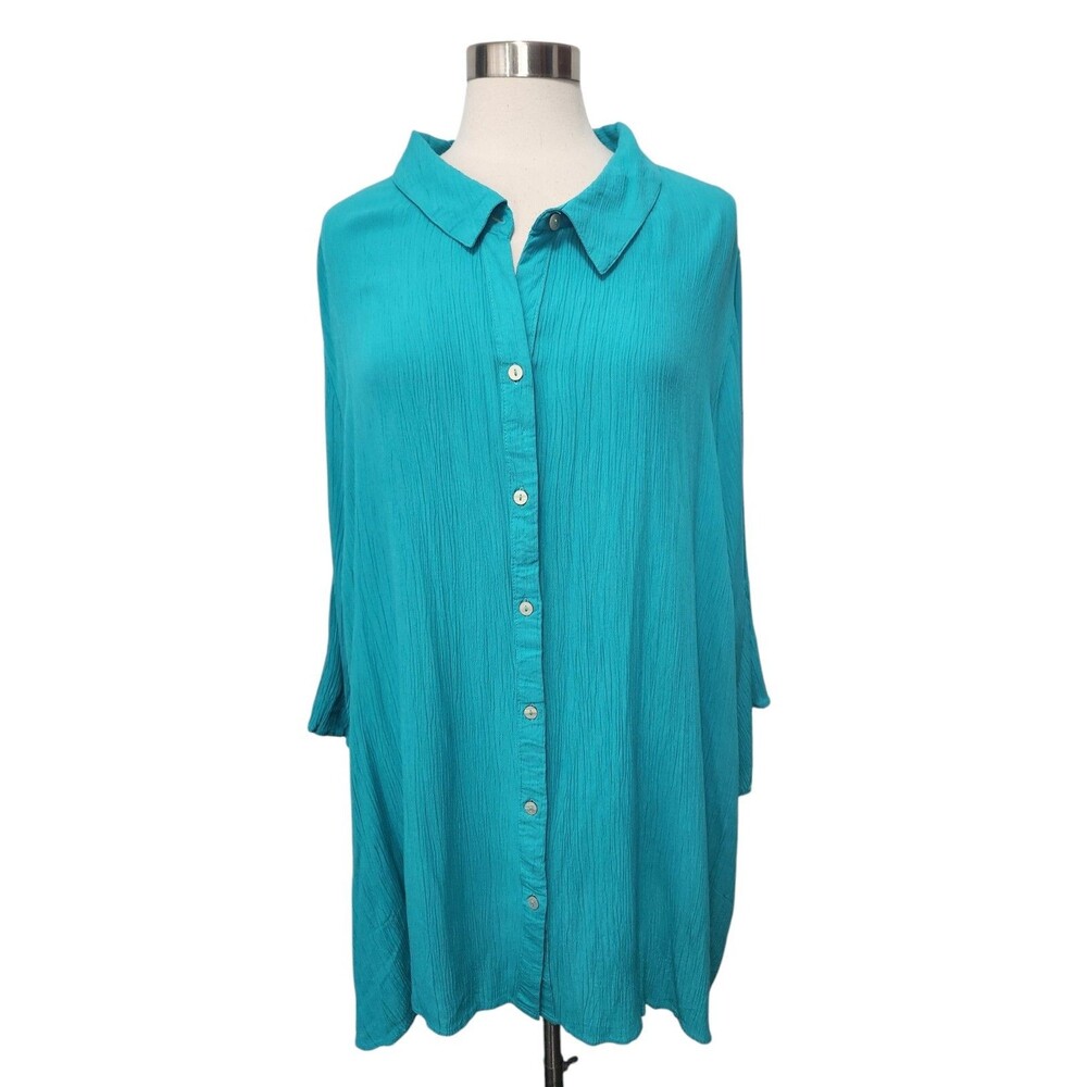Evans Womens Tunic Top 22/24 Turquoise Button Up Roll Tab Slv Pleat Back Blouse
